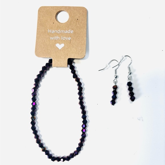 Handmade Jewelry - Handmade Facetted Crystal Glass Beaded Bracelet & Earrings Set Purple